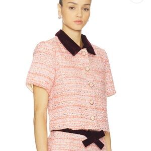 Chic Pink Tweed Blazer with Velvet Collar